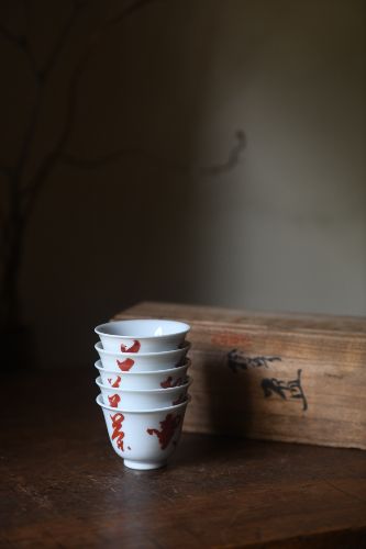 色絵漢字写煎茶碗 五客　煎茶碗 古玩 中国 茶器 茶道具 共箱 煎茶道具