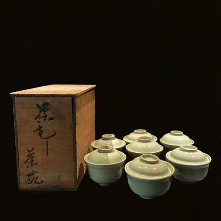 日本 大正时期 青磁 蓋茶碗 骨董 古美術 古道具 古物 {ID71}