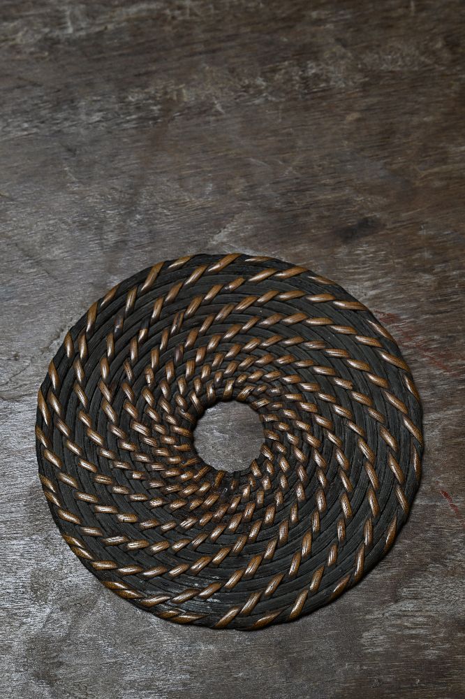 【時代籐巻圓式瓶座】 煎茶道具竹工芸瓶床瓶敷急須台鉄瓶台
