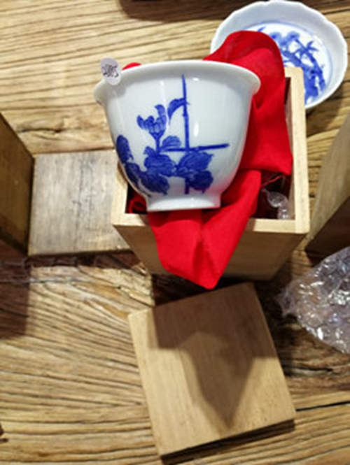 大正期 京焼名手竹泉 染付 煎茶茶碗 ５客 竹垣菊花图 带桐の保護箱