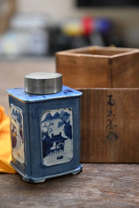 日本回流 中国清中 青花 茶叶罐/茶入 保存箱