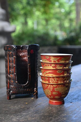 日本 平安春峰 手绘彩绘描金 老杯 5客 带杯笼