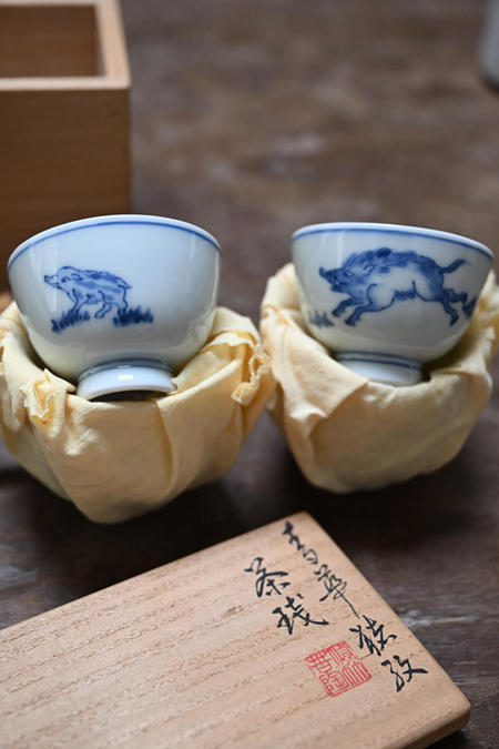 日本 三溥笃 青花 生宵猪杯 老茶杯 6客 带箱