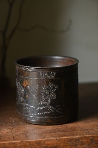 【精品】時代 古銅 易経図 蓋付 煎茶 建水