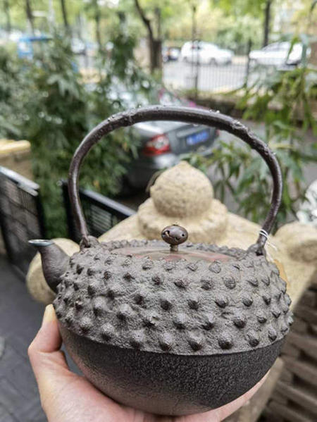 日本 昭和时期 人间国宝 高桥敬典 正寿堂 银粒 银覆口 铜盖 茶道具 茶器 铁壶，未使用品