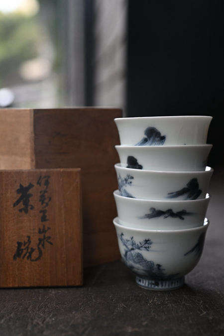 【特价】日本 昭和早期 青花山水杯 5客
