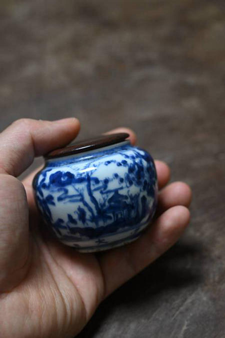 老青花 茶入 红酸枝盖（有冲特价出）