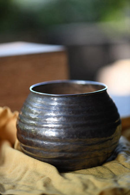 日本 大正时期 长寿斋纯银 芋形 精品建水 原箱