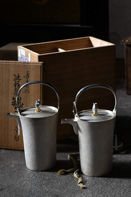 『上』日本 纯古堂 长寿型 纯银铫子 一对 带原箱 （适合喝茅台用）